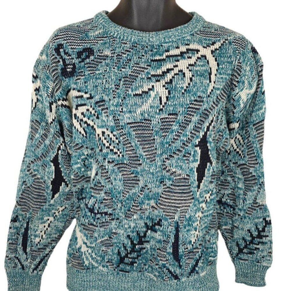 Vintage Gabrielle Sweater Womens Size Small Blue Teal Abstract Art